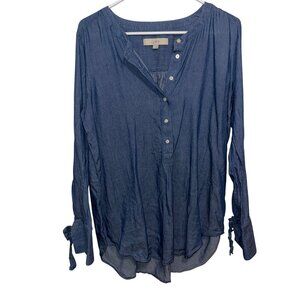 Loft Womens Chambray Button-Front Blouse With Tie Sleeves Size Medium